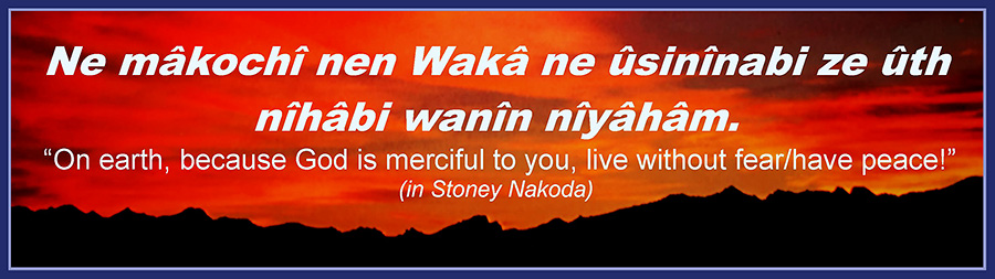 Ne mkch nen Wak sinnabi ze th nhbi wann nyhm. On earth, because God is merciful to you, live without fear/have peace! (in Stoney Nakoda)